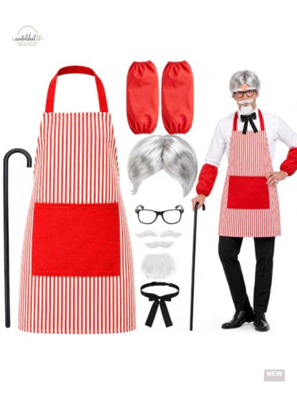 Men's Halloween Fast Food Chef Costume Kit Striped Apron Wig Beard Cane